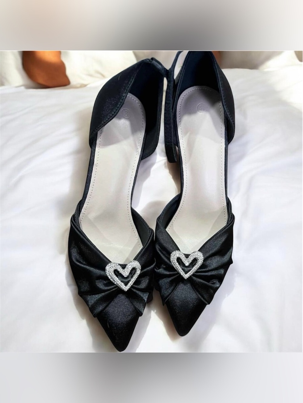 Brand New Elegant Black Satin Heels with Crystal Detail – Size 8